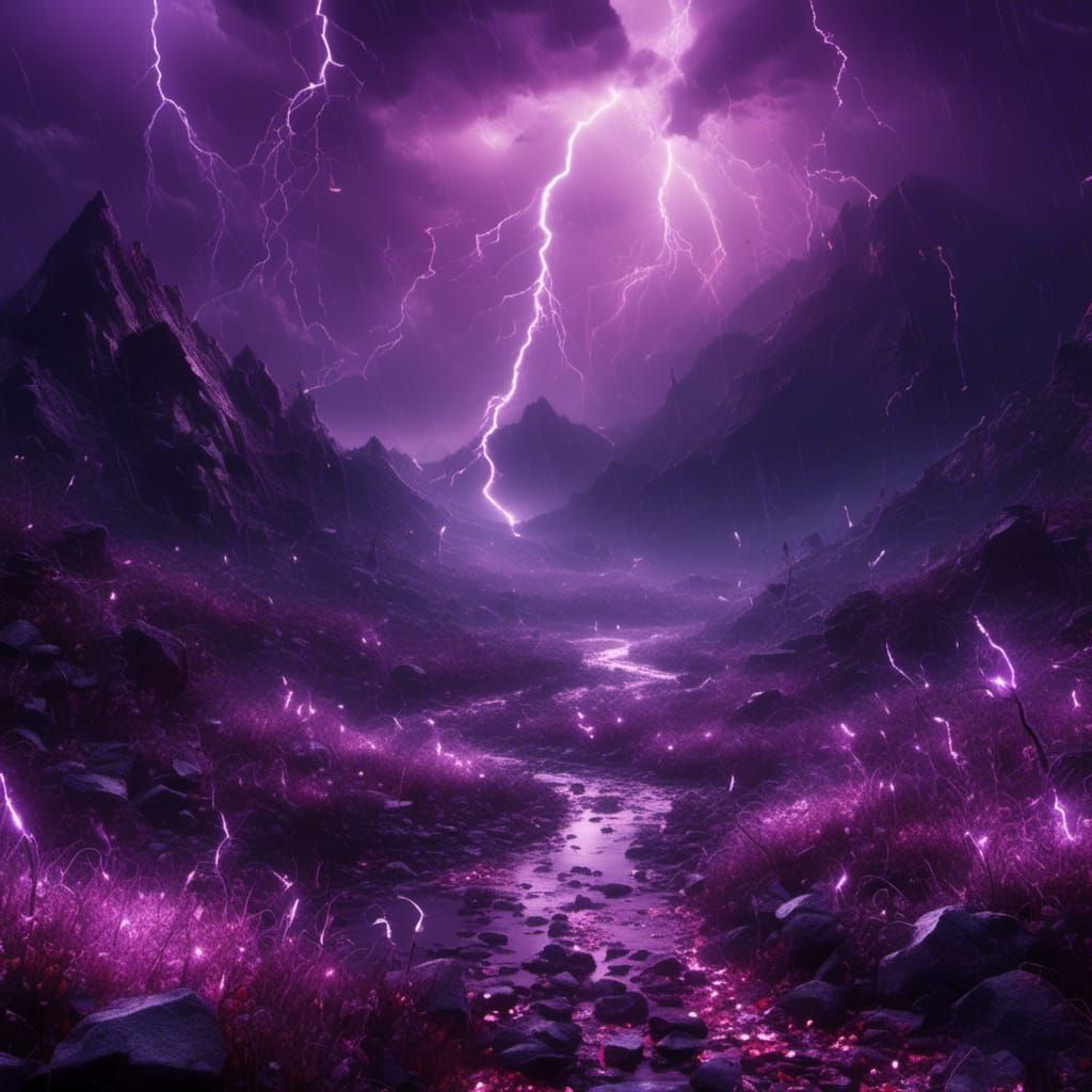 Purple Rainstorm Over Mountains in Cracked Glass Style