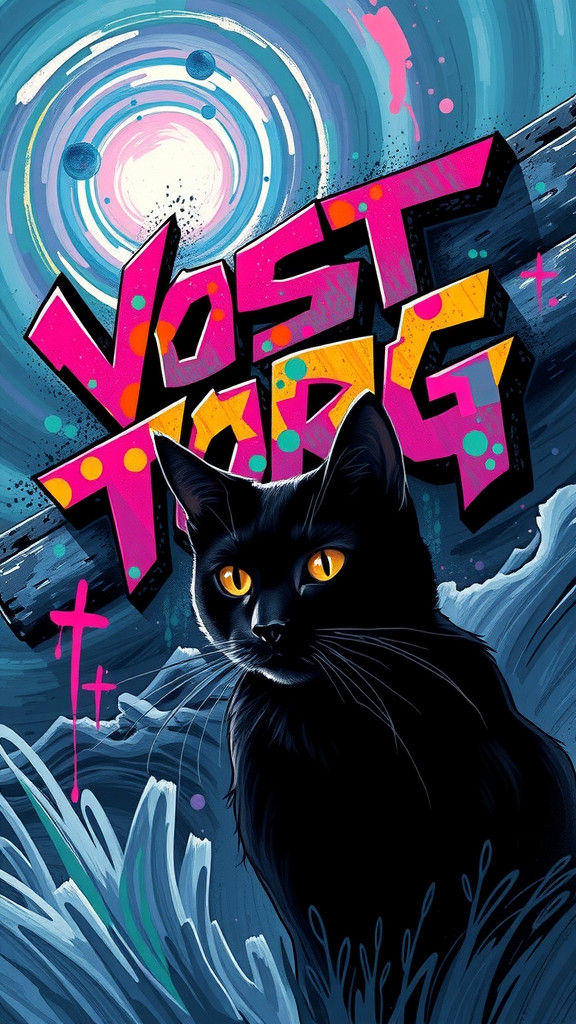 Polychromatic Graffiti Sign with Black Cat in Digital Art St...