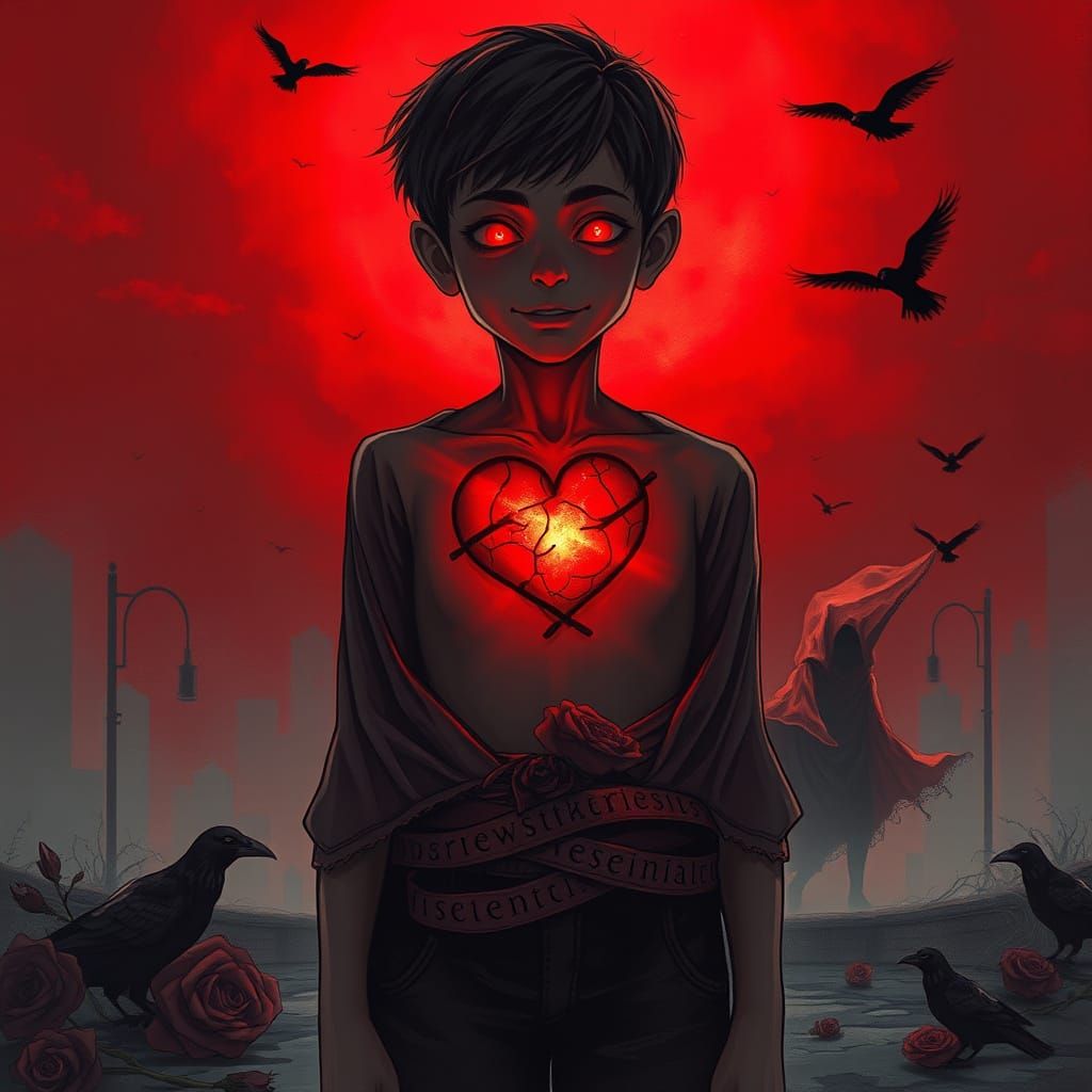 Eerie Boy Under Red Sky, Sinister Art