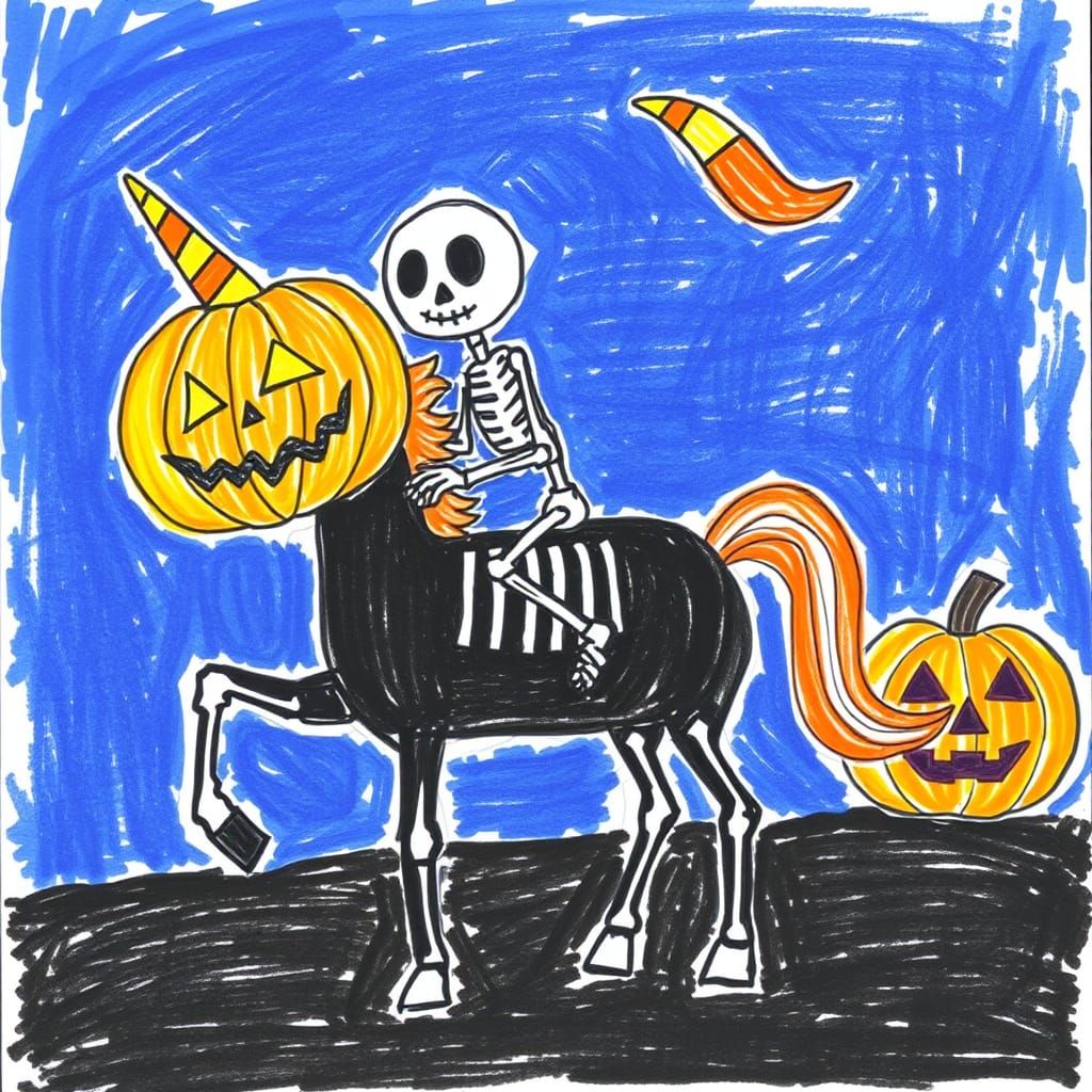 Jack O'Lantern Skeleton Rides Unicorn: Crayon Drawing