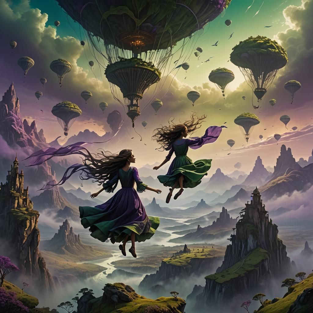 Fantasy Girl Flies Through Dreamlike Landscape
