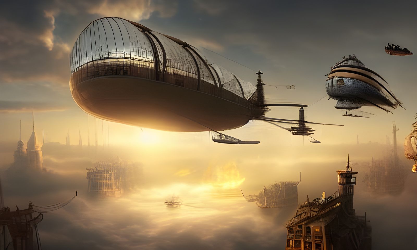 Steampunk Airships at War Over Cloud City