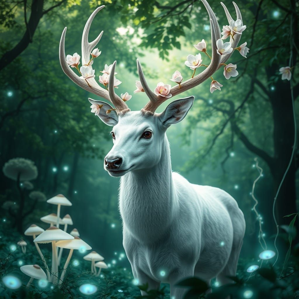 Majestic White Stag in Enchanted Bioluminescent Forest