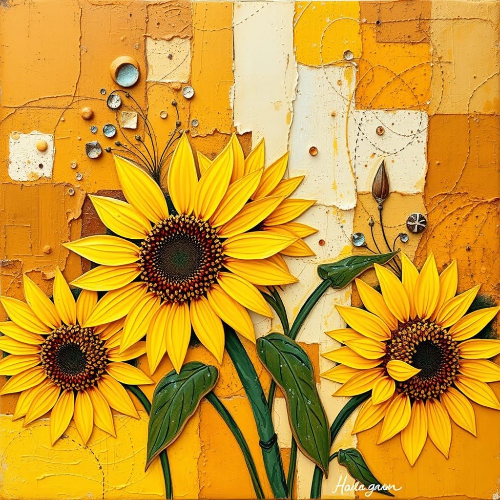 Sunflower Fusion in Mondrian Abstraction with Impasto Paint