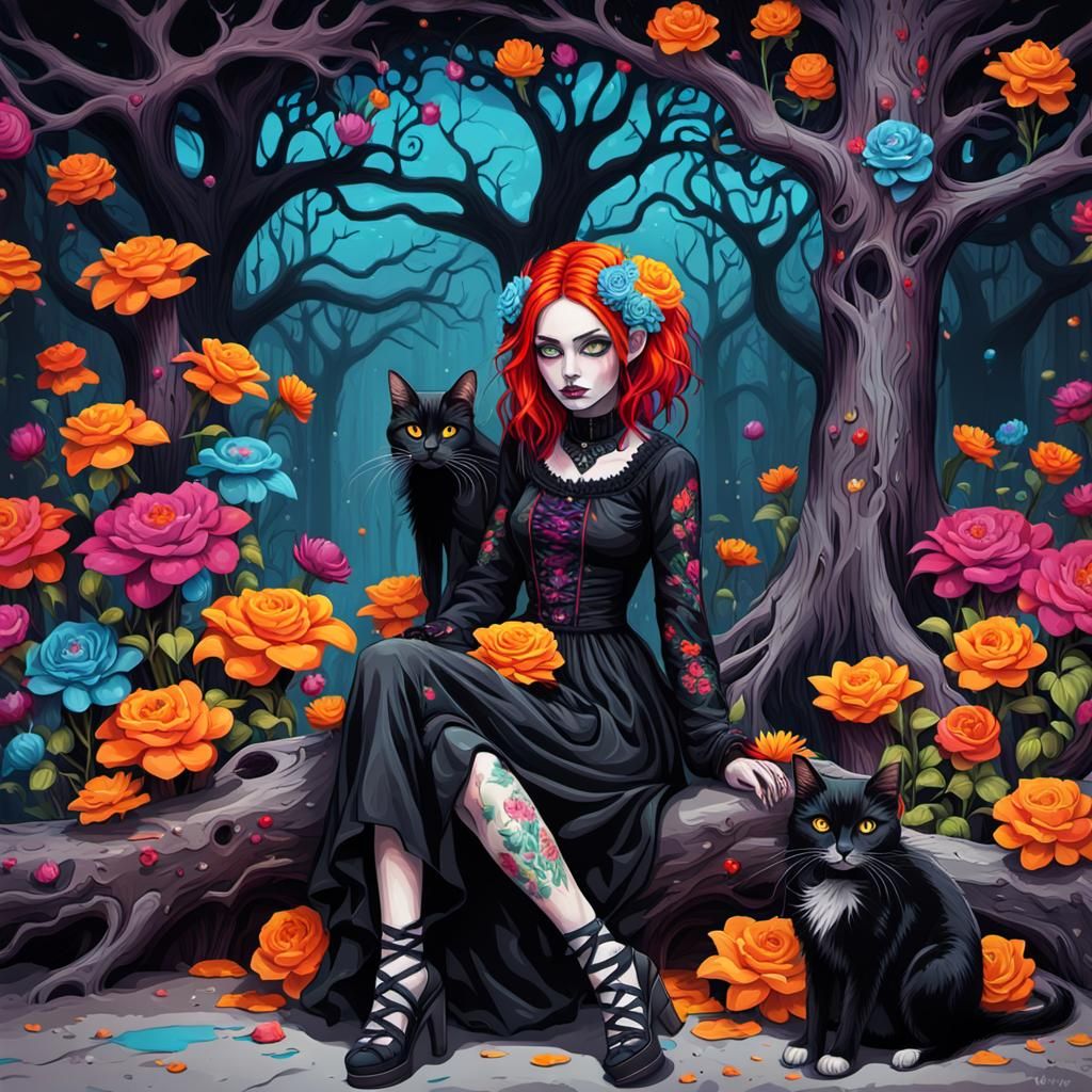 Gothic Girl with Cat in Vibrant Graffiti Art