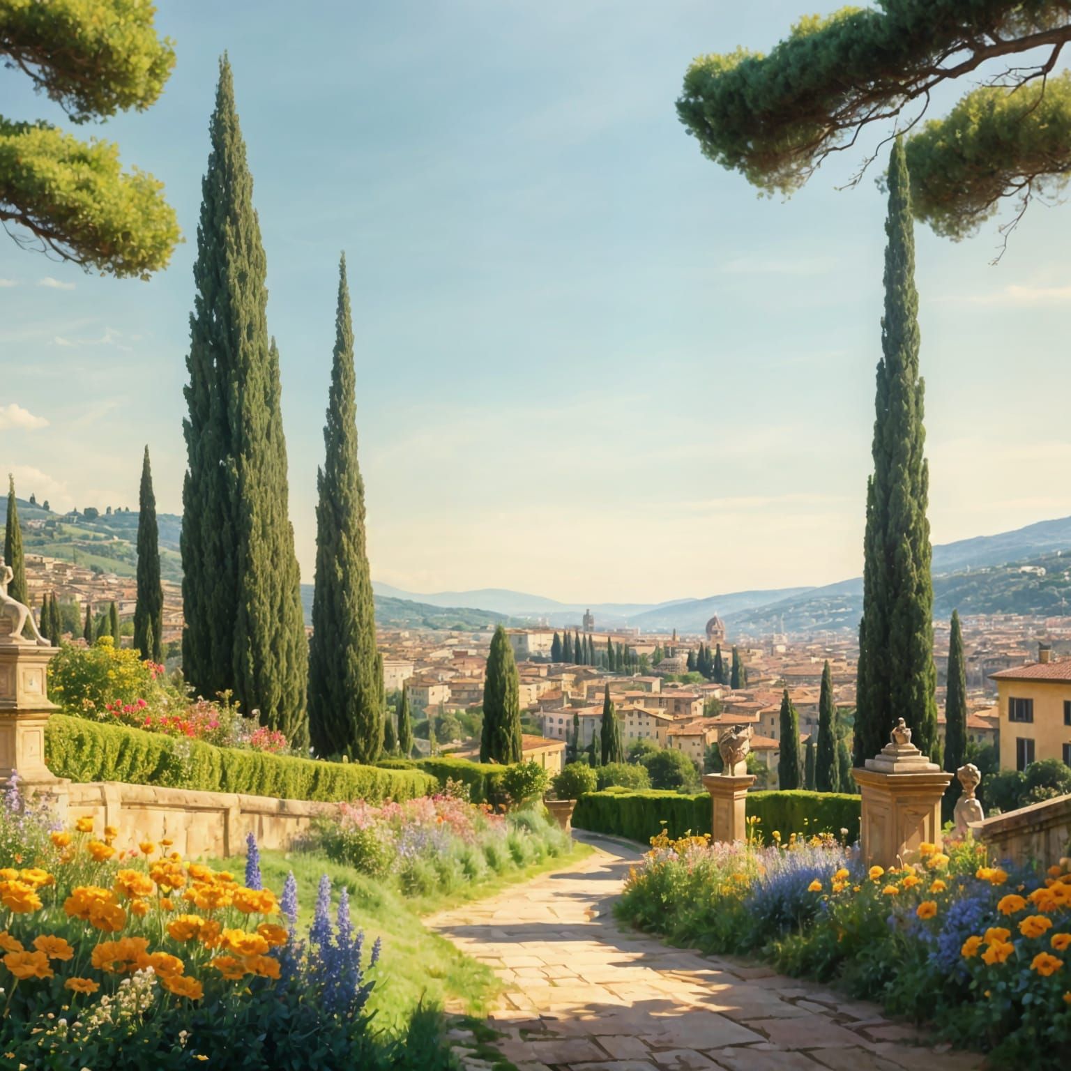 Gardens on the hill overlooking Italian Florence, Italy, Tuscany, flowers and cypresses, angel sculptures; wideshot; wat...