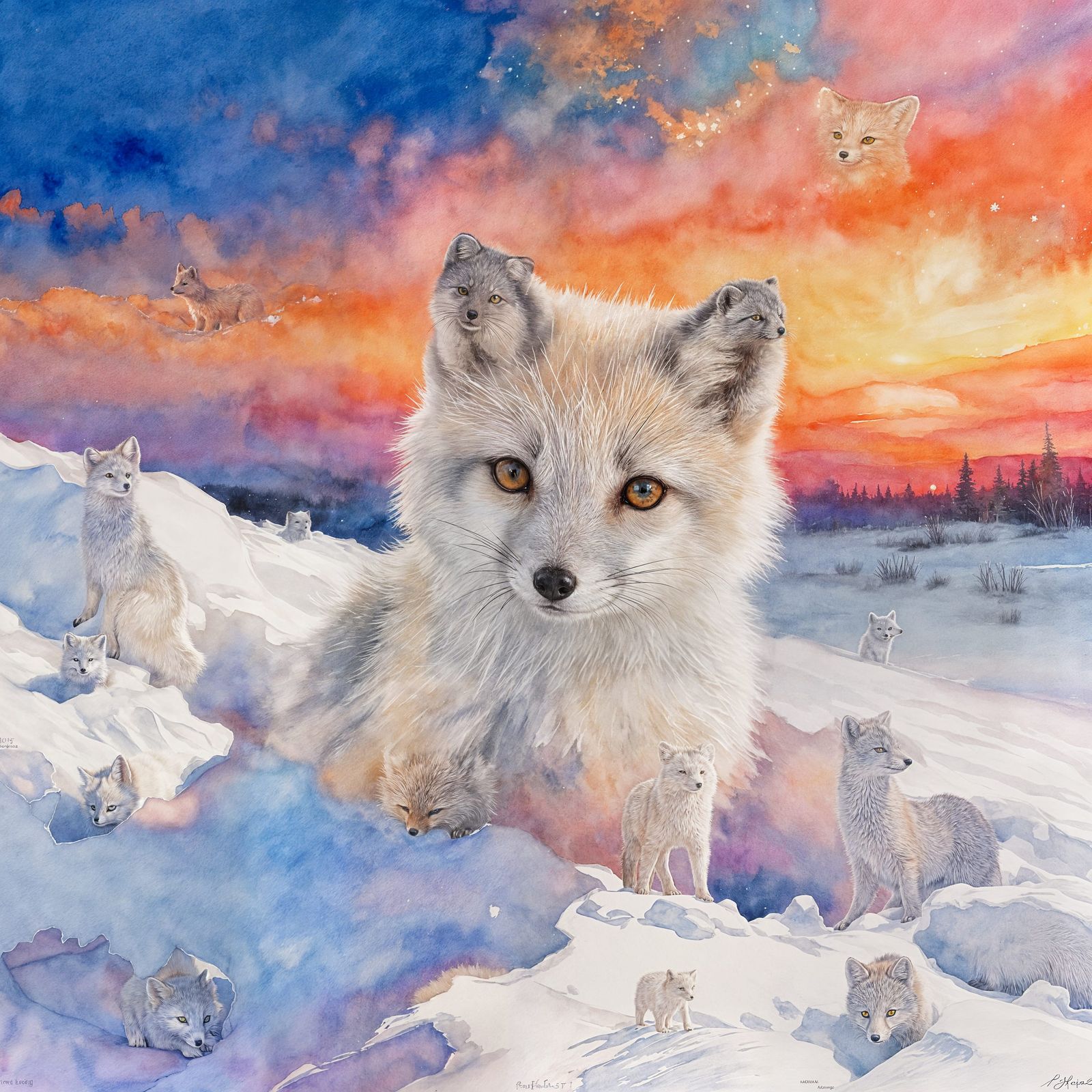 Arctic Fox Kit in Sunset Glow, Watercolour Impasto