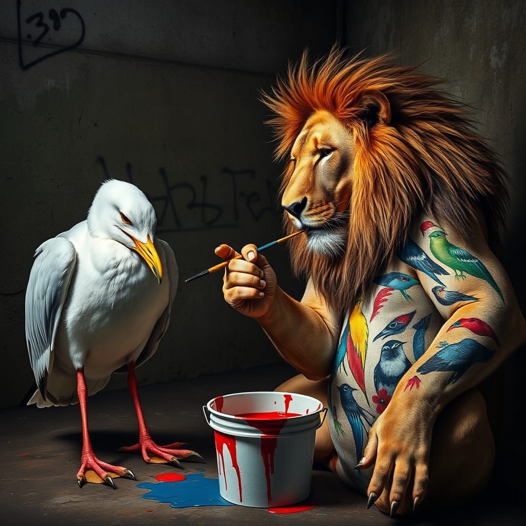 Photorealistic Seagull with Animal Legs and Painting Lion