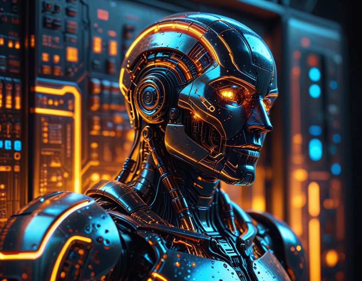 Robot Touches Screen in Neon-Lit Digital Art