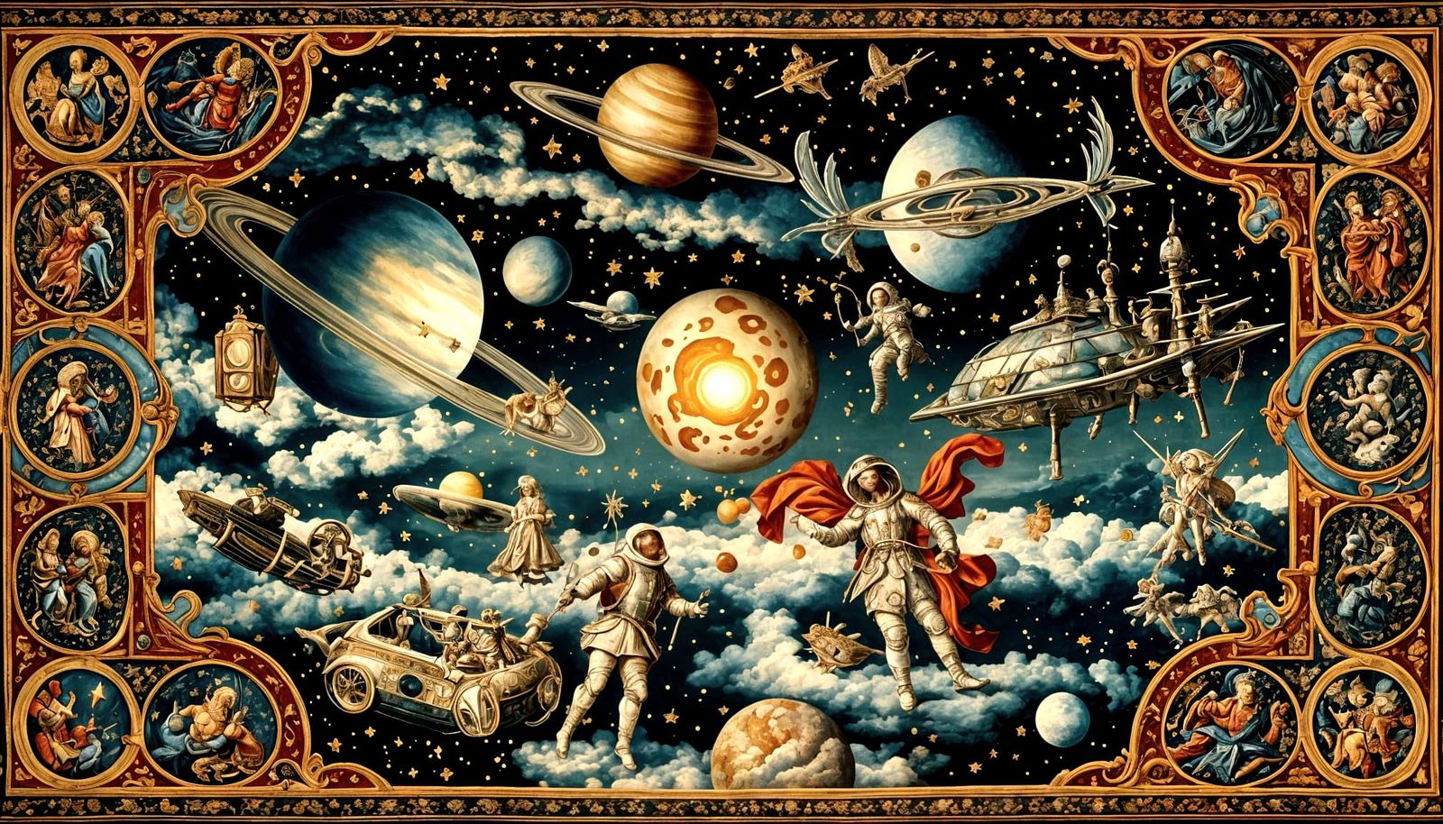 Ornate Space Travel Tapestry in Flemish Style