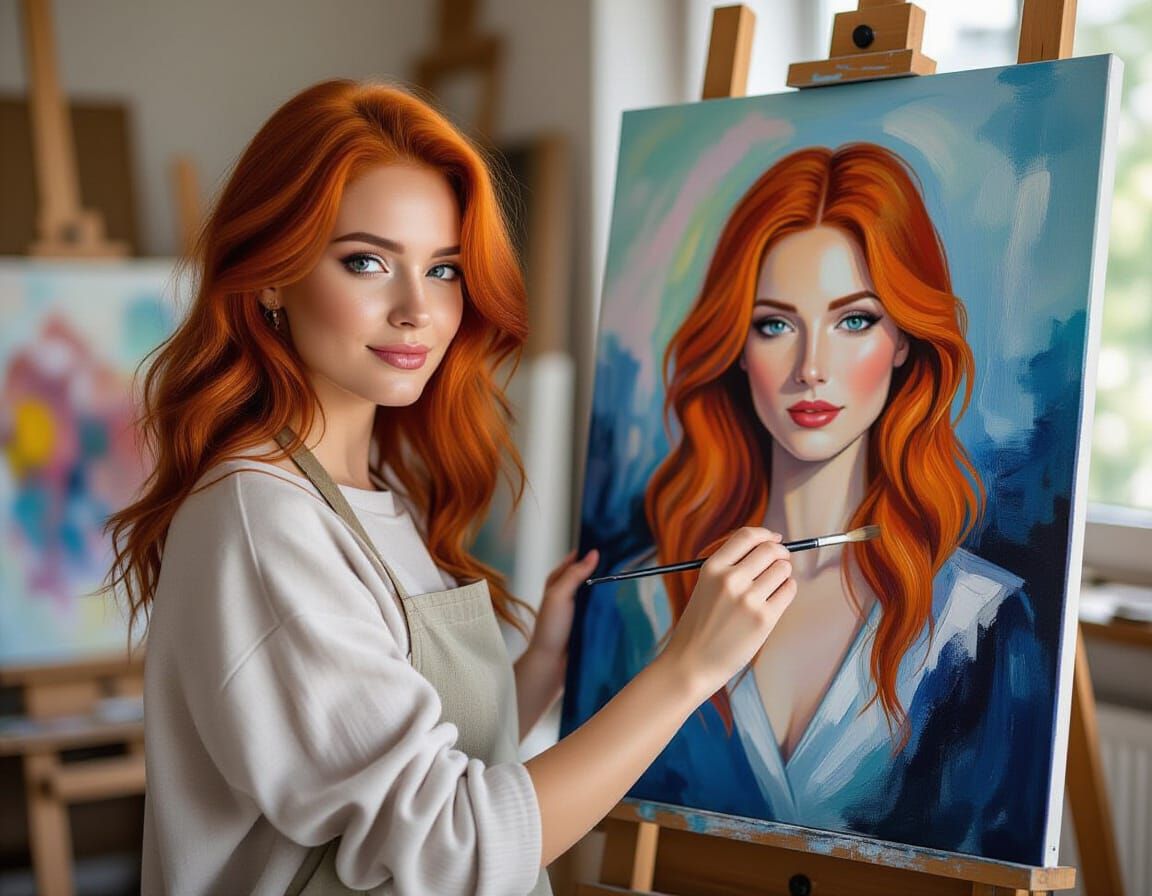 Red Haired Artist Paints Self Portrait with Bokeh