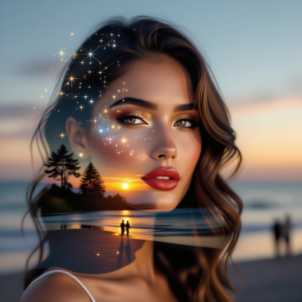 Surreal Double Exposure: Woman and Sunset Landscape