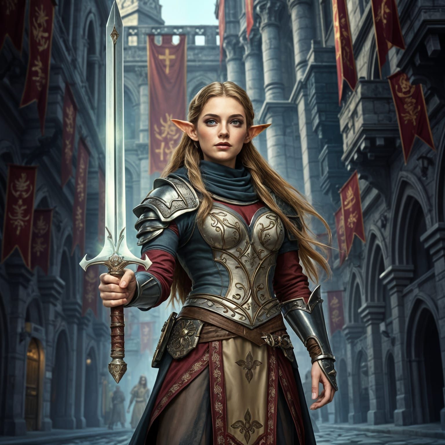 Elven Fighter in Medieval City, D&D Style