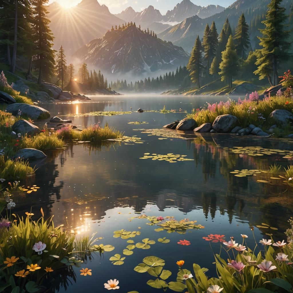 Mountain Lake Sunrise in 3D Game Style