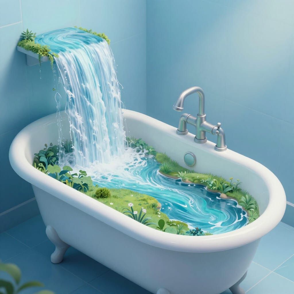Surreal Bathtub Landscape with Waterfall and Meadow in Blue