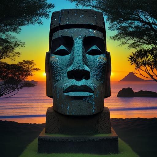 Serene Moai Statue in Low-Poly Neon Art