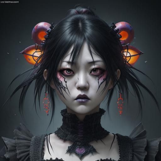 Japanese Gothic Female in Hyperrealistic Splash Art