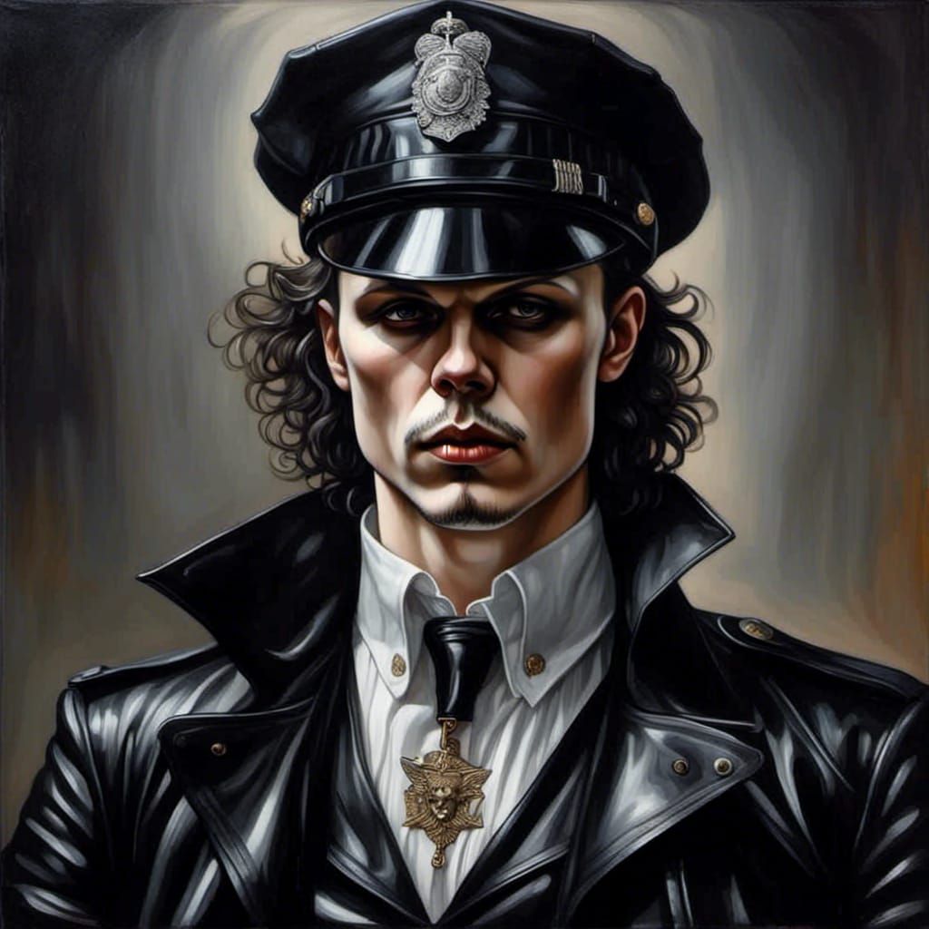 Stern Oily Leather Cop Handcuffing Criminal