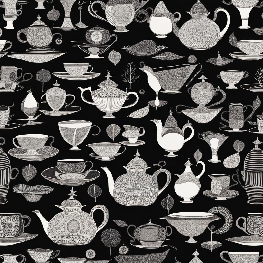 Surreal Tea Set in Grayscale Photogram Style