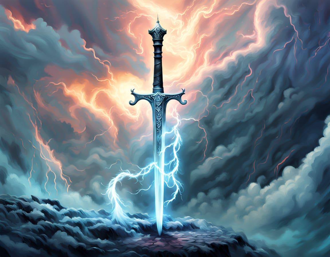 Surreal Whispy Air Elemental Wields Iridescent Swords in Sto...