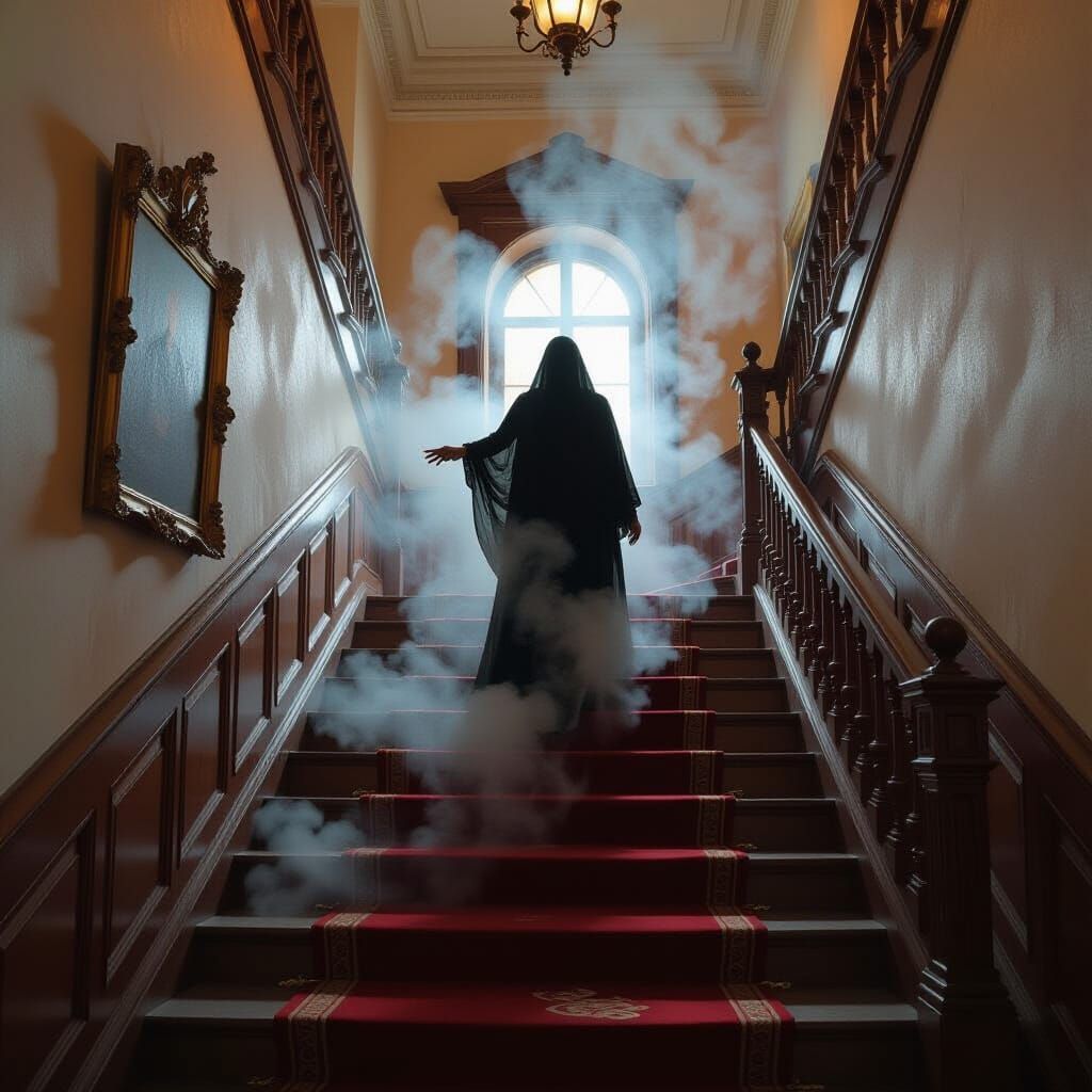 Renaissance Painting of Ghostly Figure on Staircase