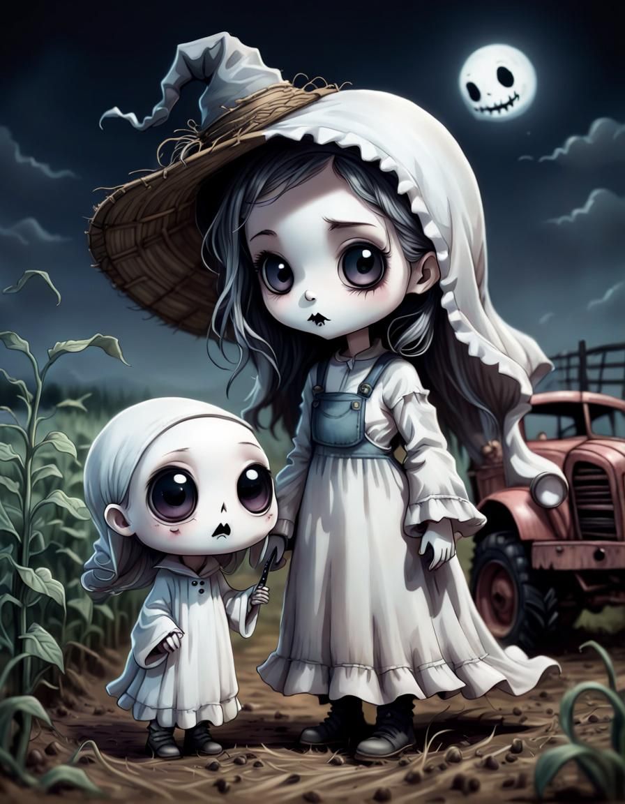 Chibi Ghost and Farmer in Tim Burton Style