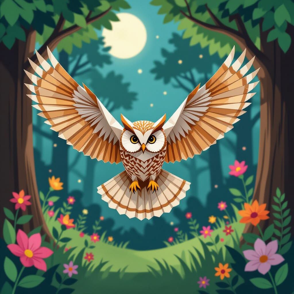Vivid Origami Owl Soaring in Moonlit Forest