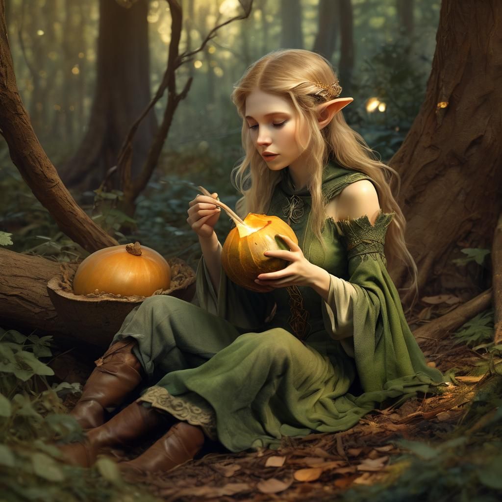 Elf Ranger Eats in Forest, Brian Froud Style