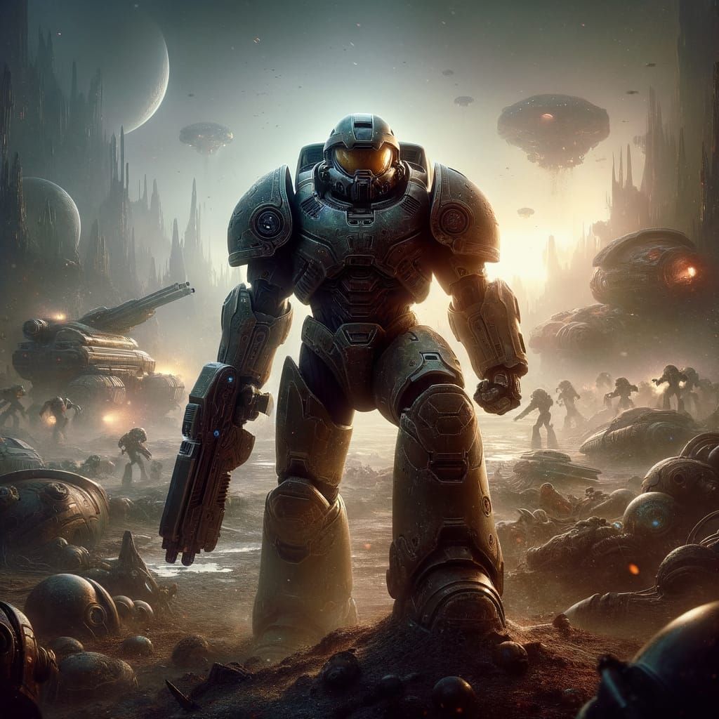 Epic Space Marine in Sci-Fi Battlefield Scene