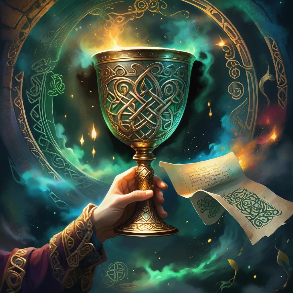 Fantasy Illustration of Figure with Scroll and Chalice