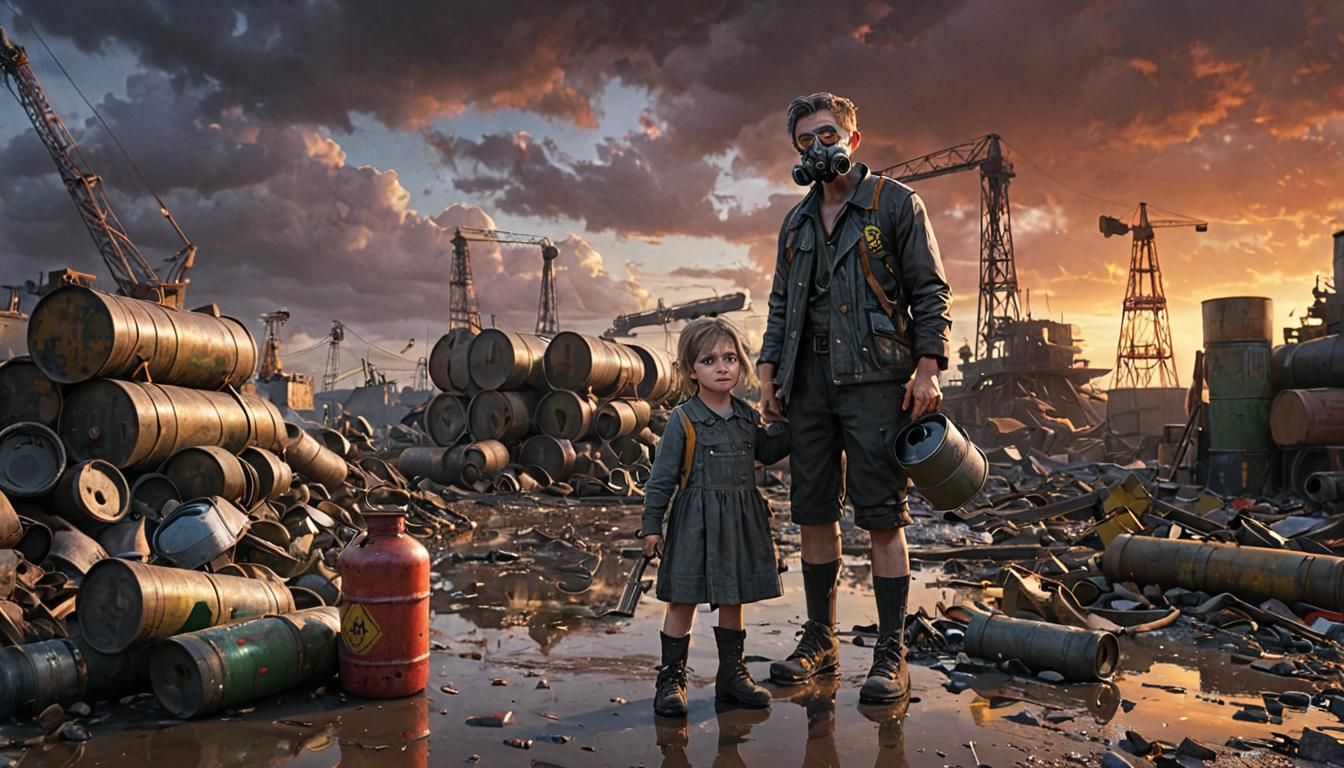 Dieselpunk Port Scene: Children Playing in Industrial Landsc...