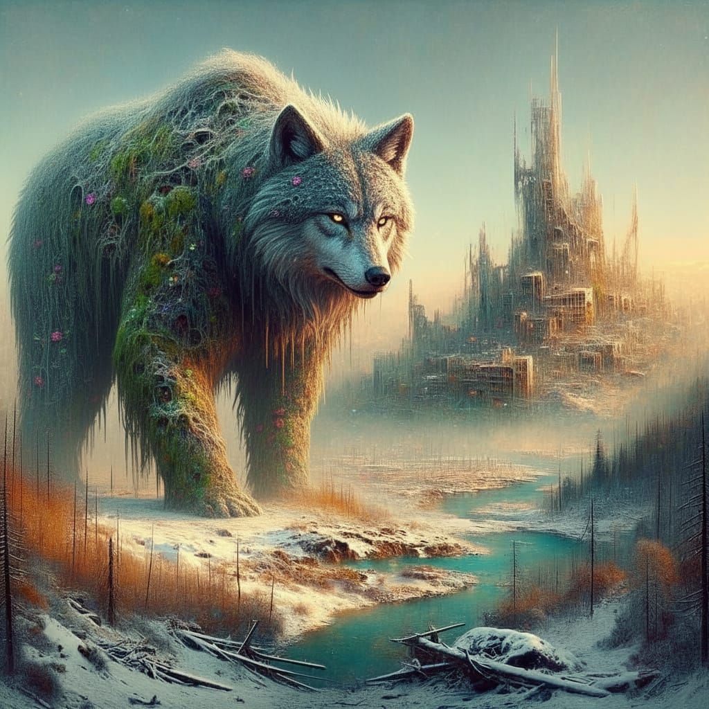 Surreal Ancient Bear Guards Post-Apocalyptic City