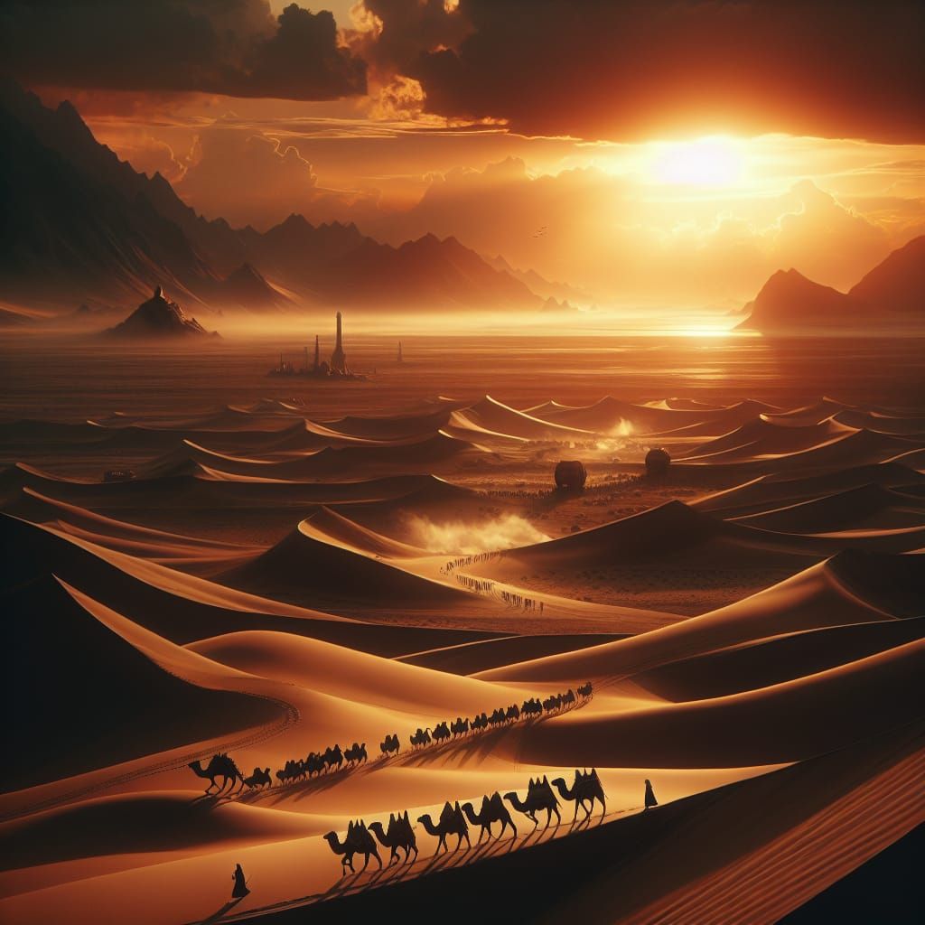 Desert Caravan at Sunset: A Digital Matte Painting