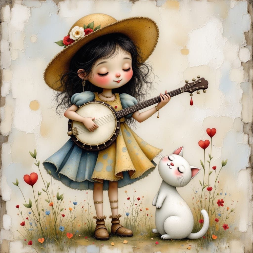 Girl and Cat Play Banjo in Dreamy Fantasy Art