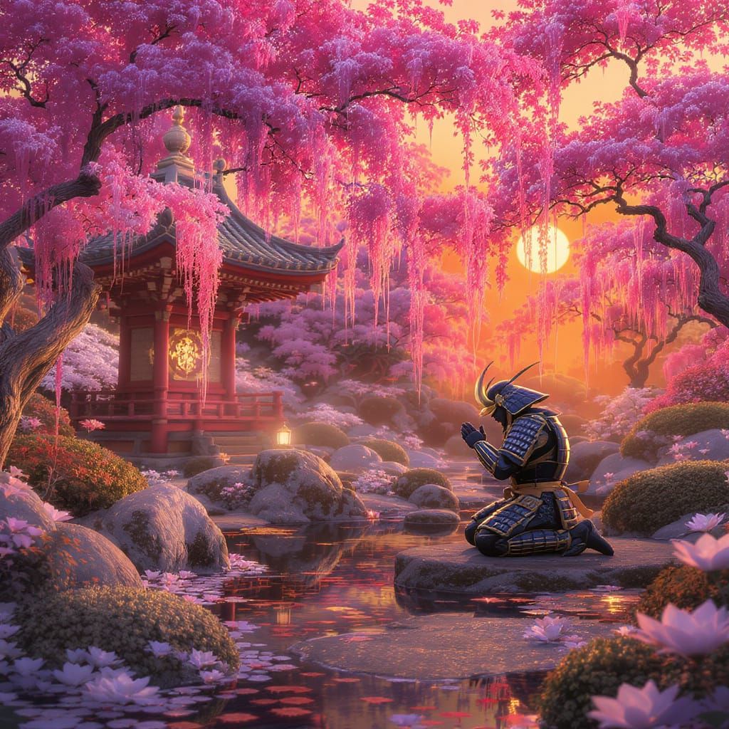 Samurai Warrior Praying in Japanese Garden at Dawn