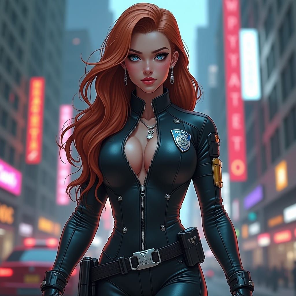 Cyberpunk NYPD Officer in Futuristic Cityscape