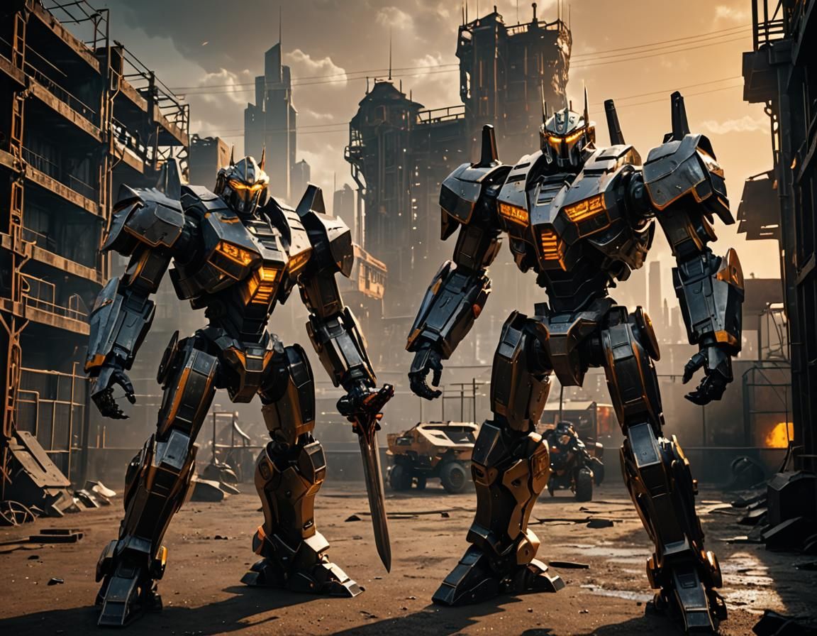 Intense Mecha Battle in Caged Arena: Cinematic Still