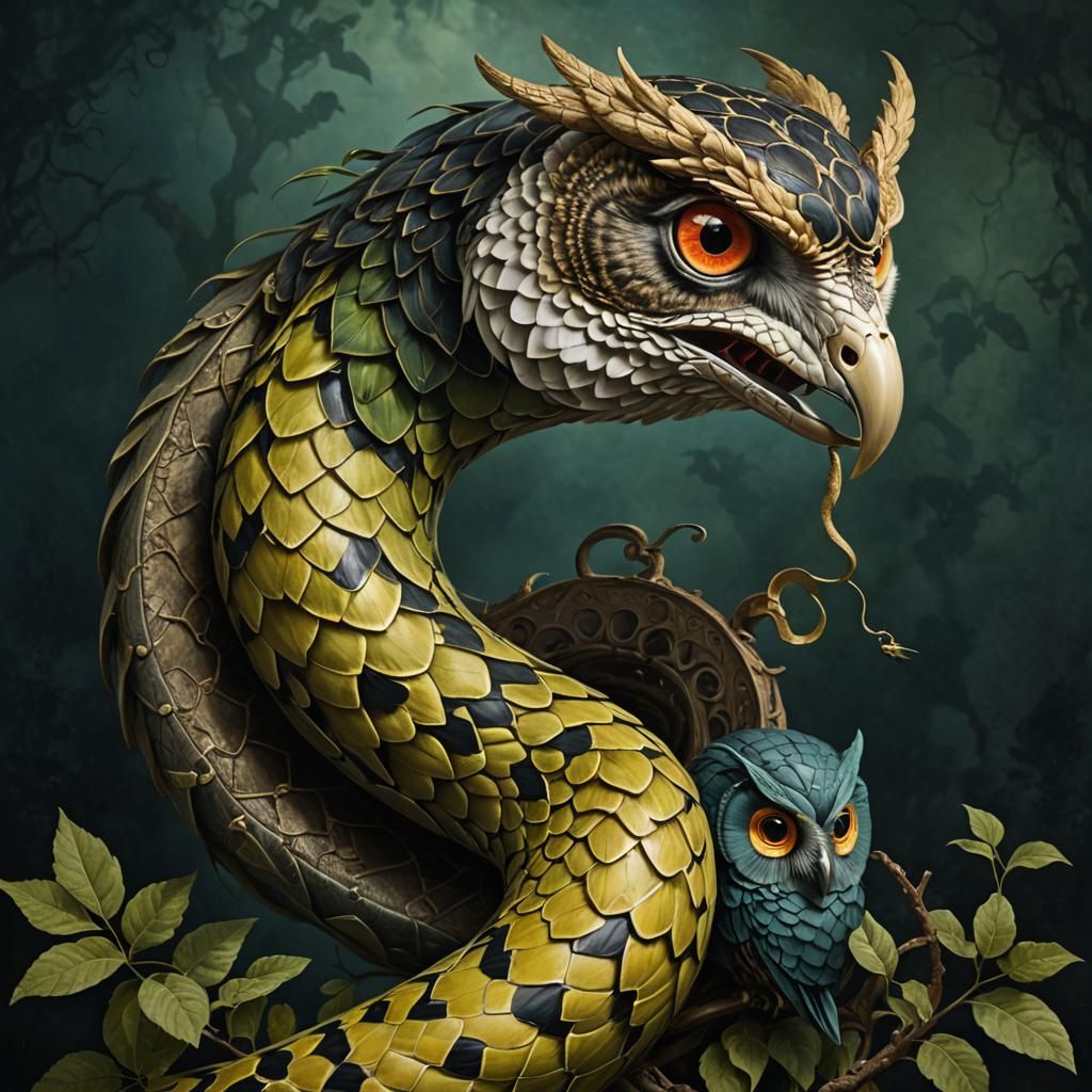 Surreal Snake with Owl Head Hybrid Creature