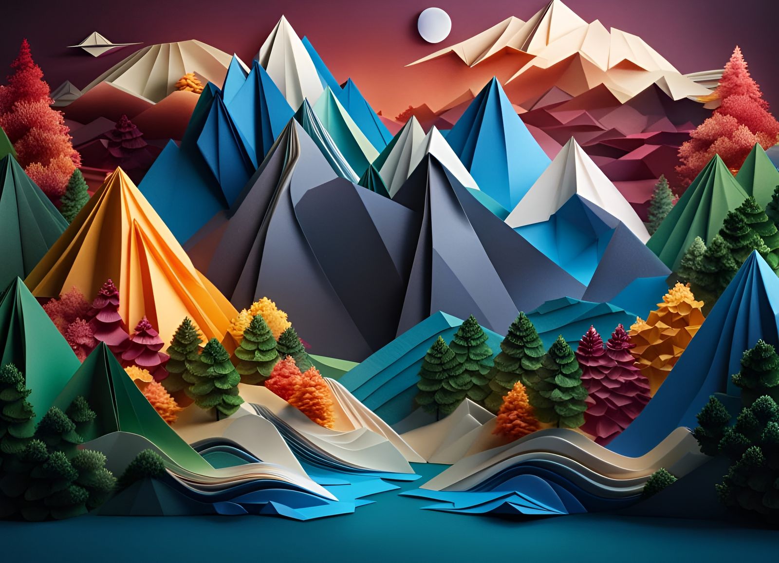 Origami Papercraft Mountain Landscape in 8K