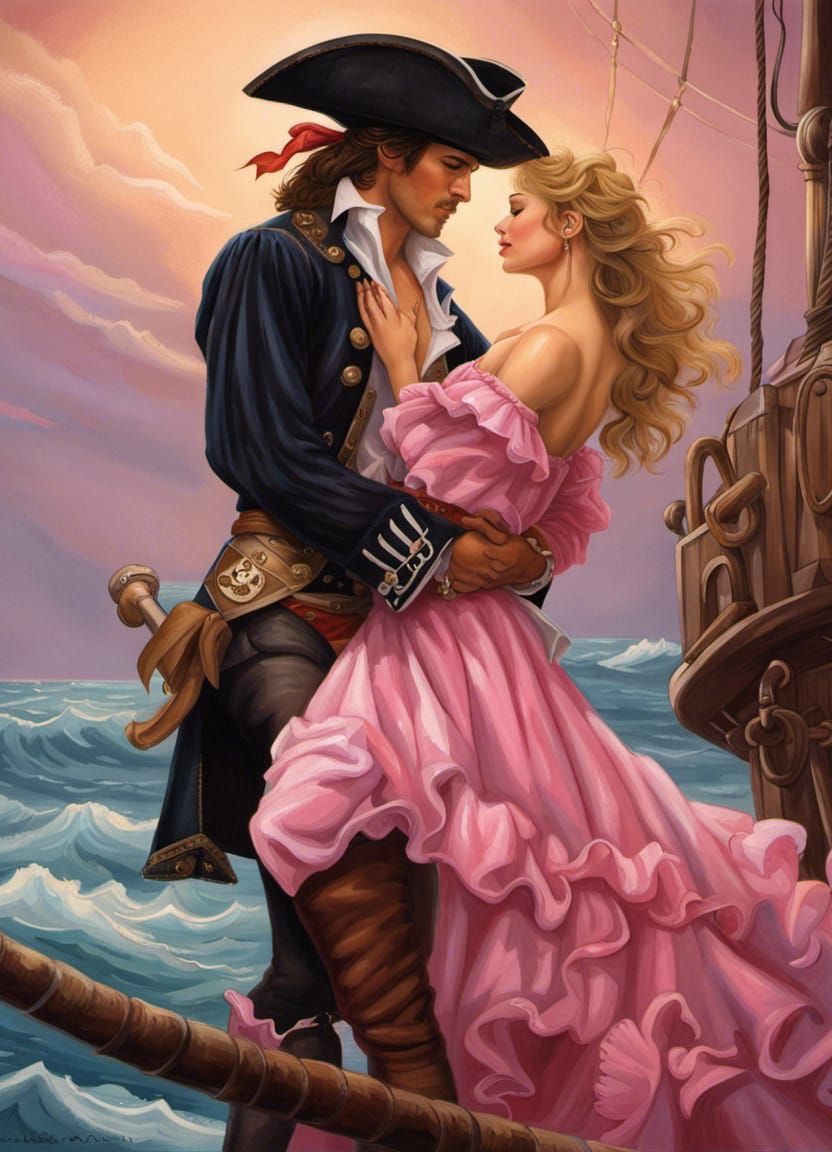 Pirate's Embrace: A Romantic Acrylic Painting at Sea
