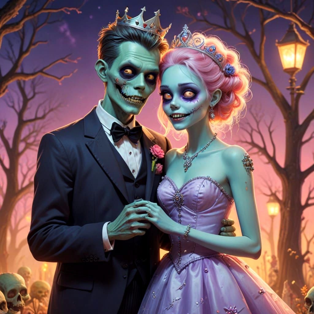 Happy Zombie Prom King and Queen in Whimsical Cartoon Style