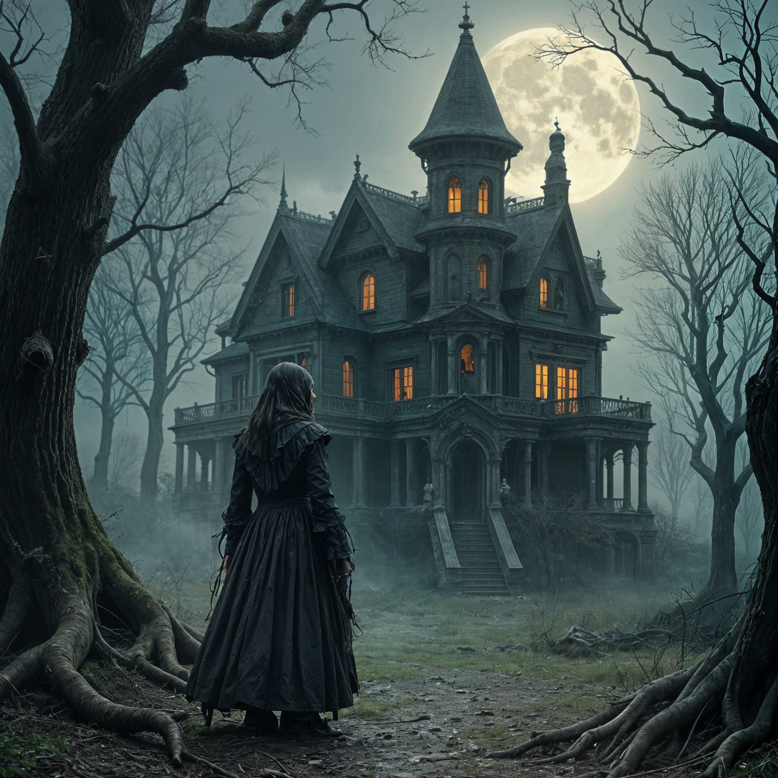 Eerie Gothic Manor in Dark Ghost Story