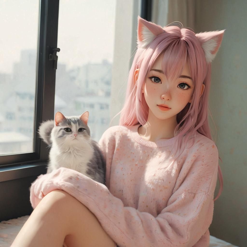 Anime Cat-Girl in Cozy Room with Watercolor Textures