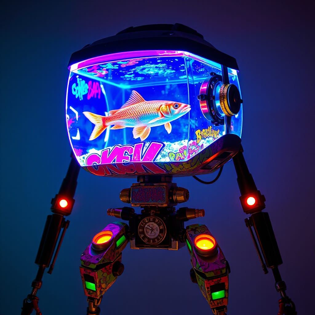 Neon Graffiti Robot with Crystalline Aquarium Head