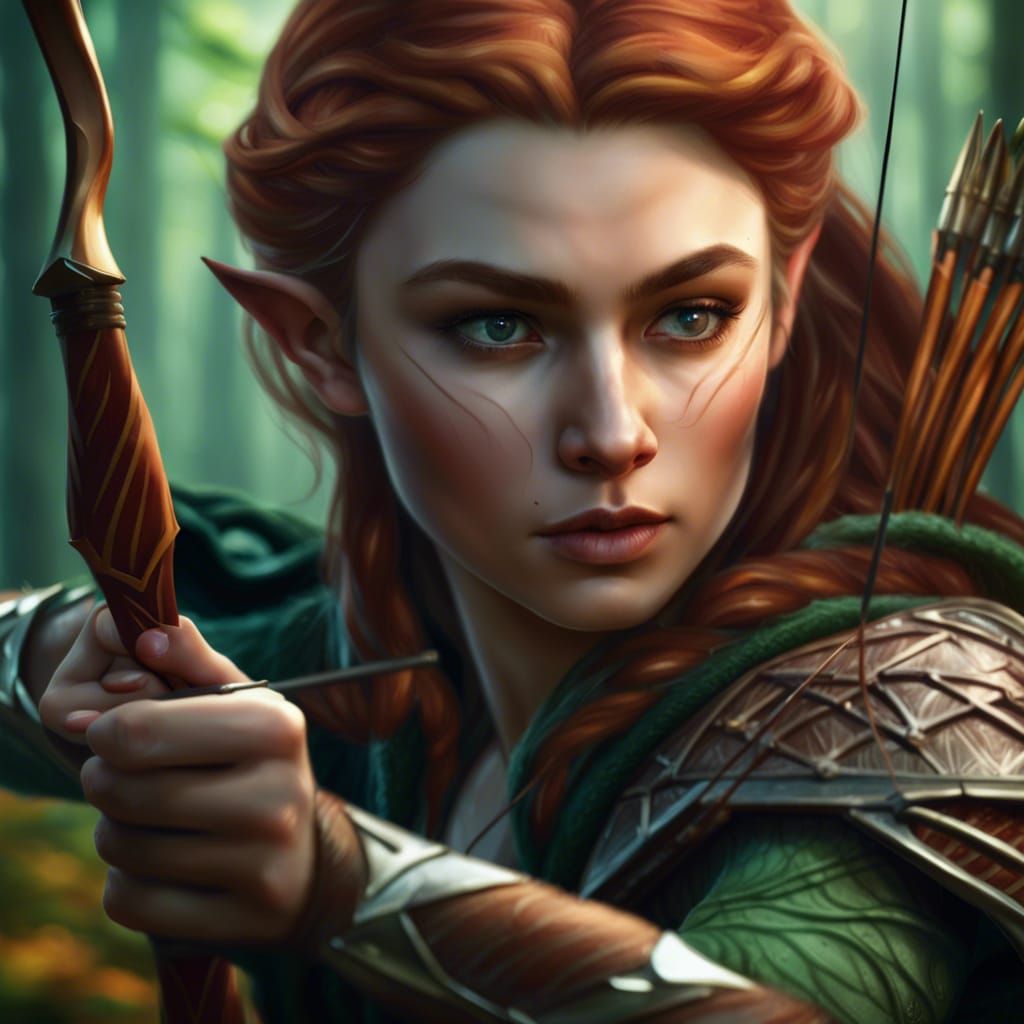Elven Archer in Forest: Realistic Detailed Matte Painting