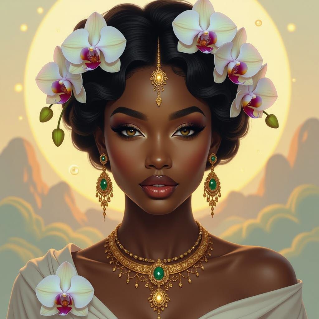 African Goddess Portrait Adorned with Orchids and Gold Jewel...