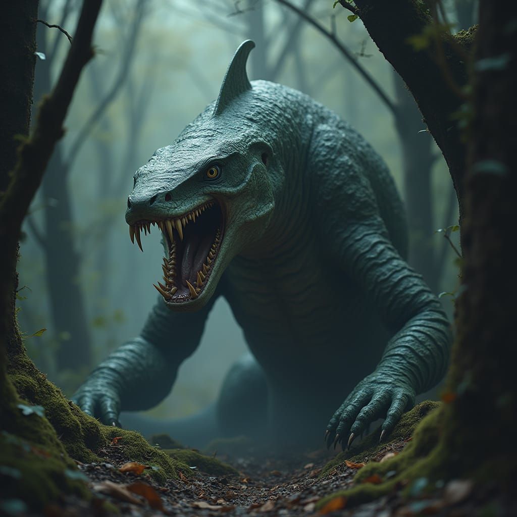 Mystical Forest Predator: Shark-Snake-Tiger Hybrid