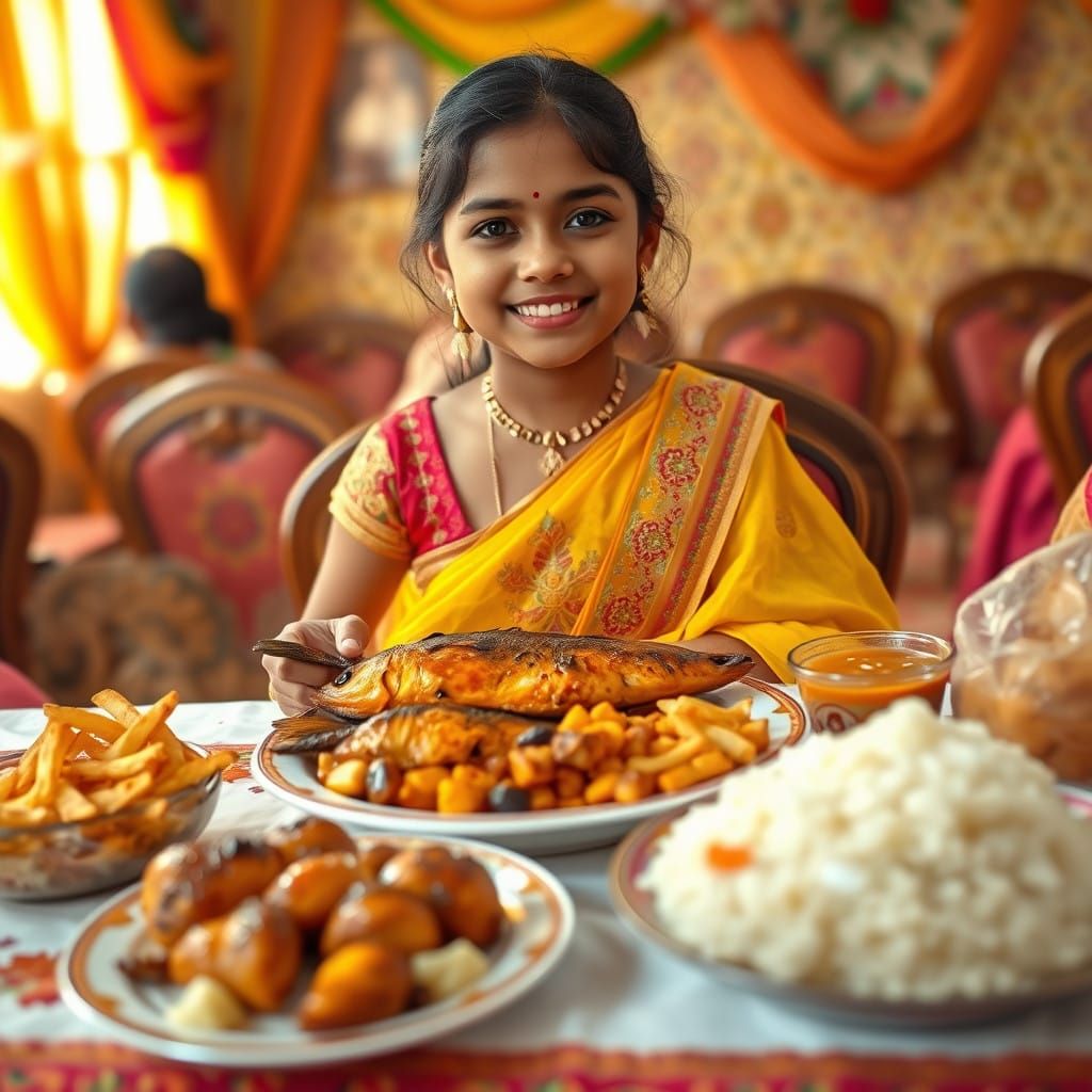 Indian Bride-to-Be Savoring Pre-Wedding Feast in Vibrant Att...
