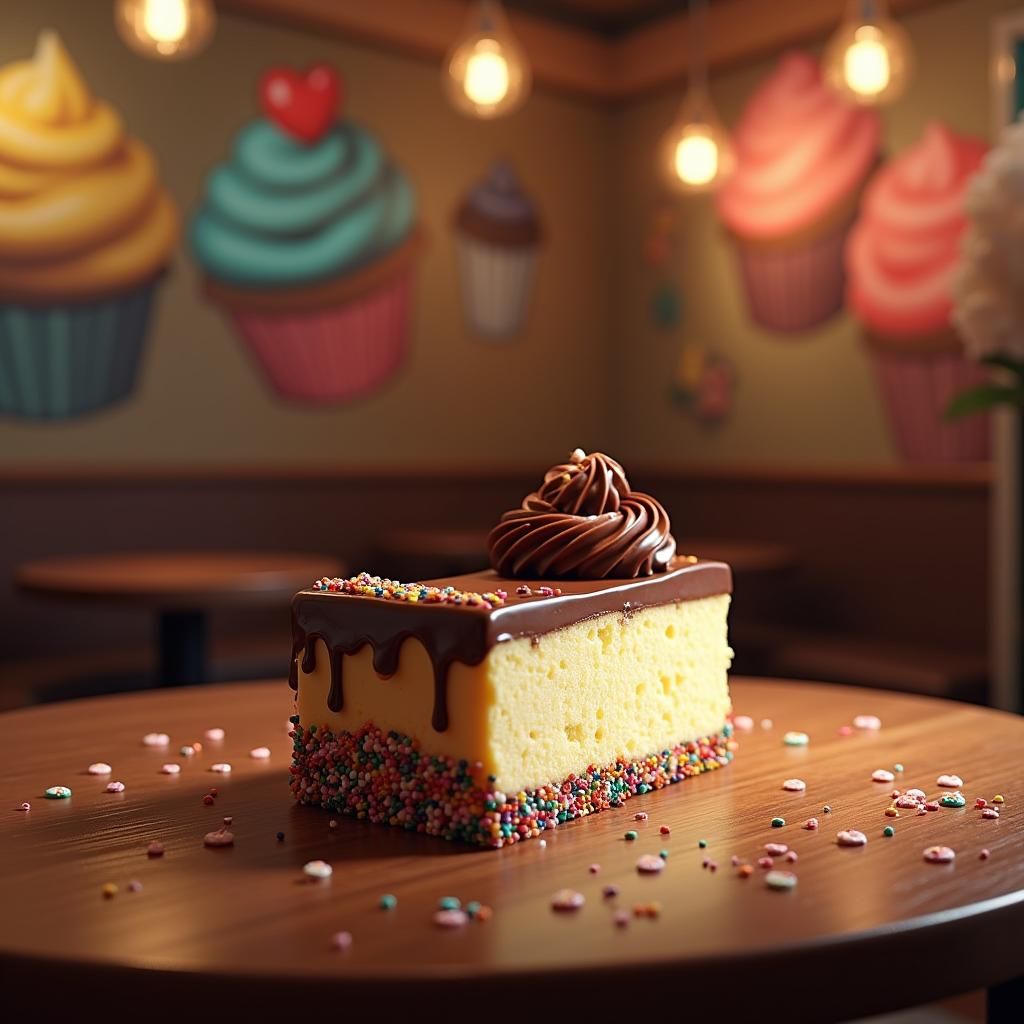 Majestic Cheesecake Slice in Whimsical Night Cafe