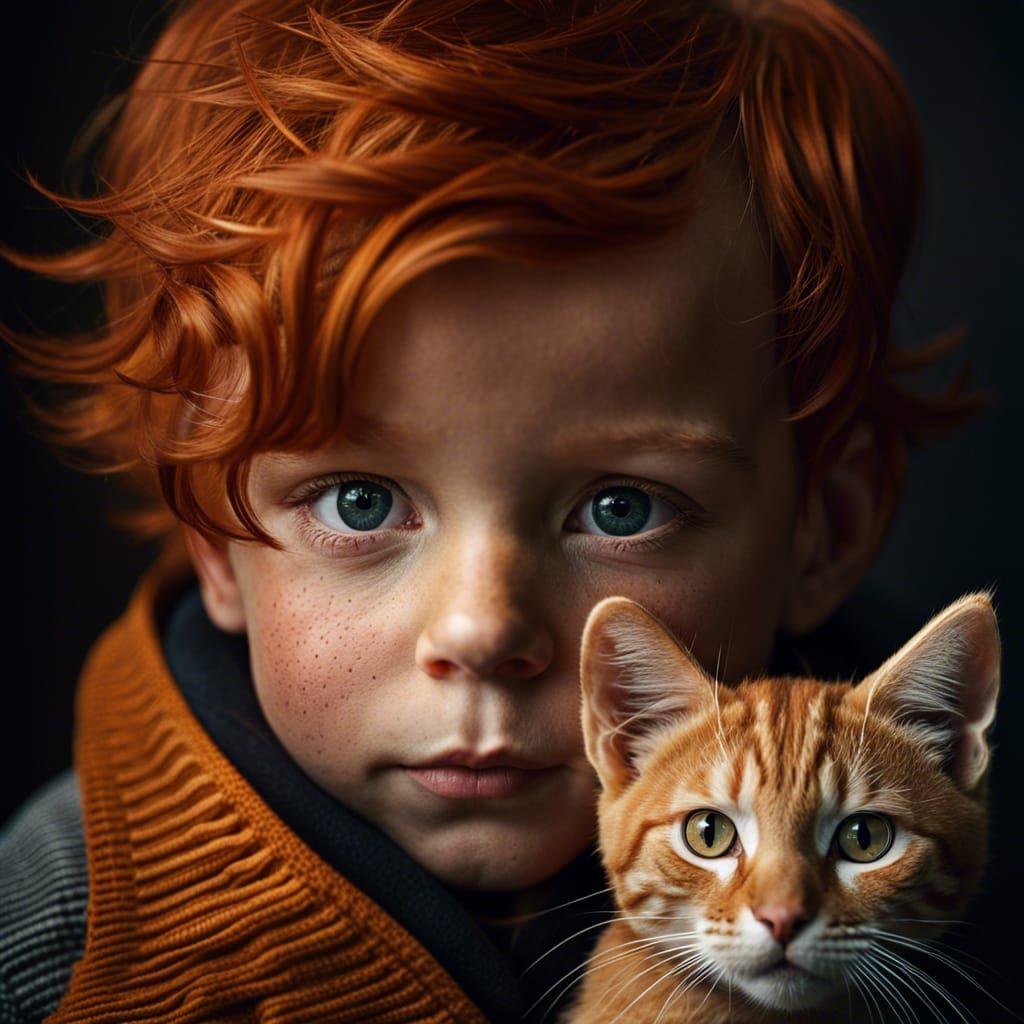 Redhead Toddler and Ginger Cat Portrait
